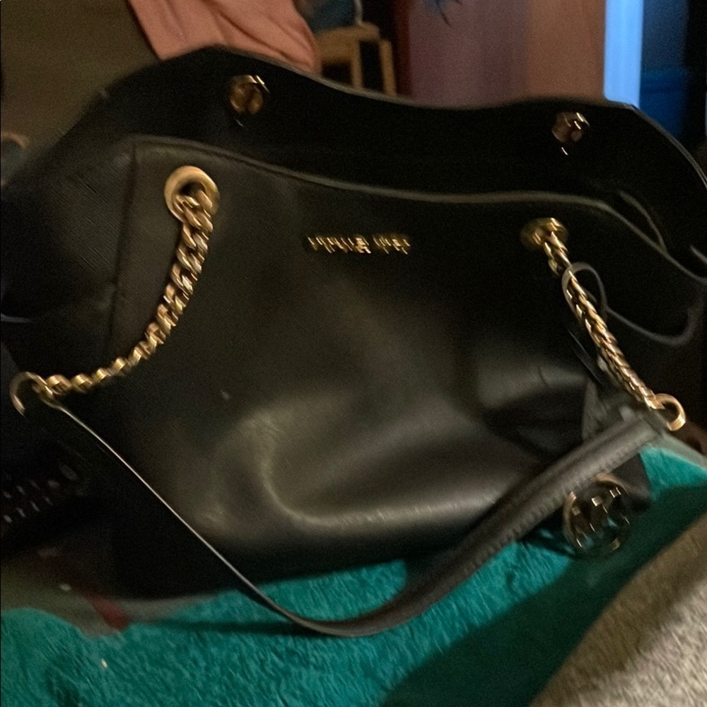 Michael Kors Collection Black and Gold Shoulder Bag with Chain Accents